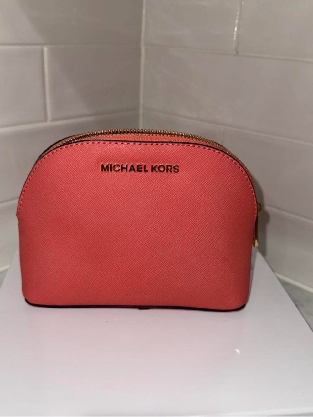 Michael Kors Coral Saffiano Cosmetic Case with Gold Hardware